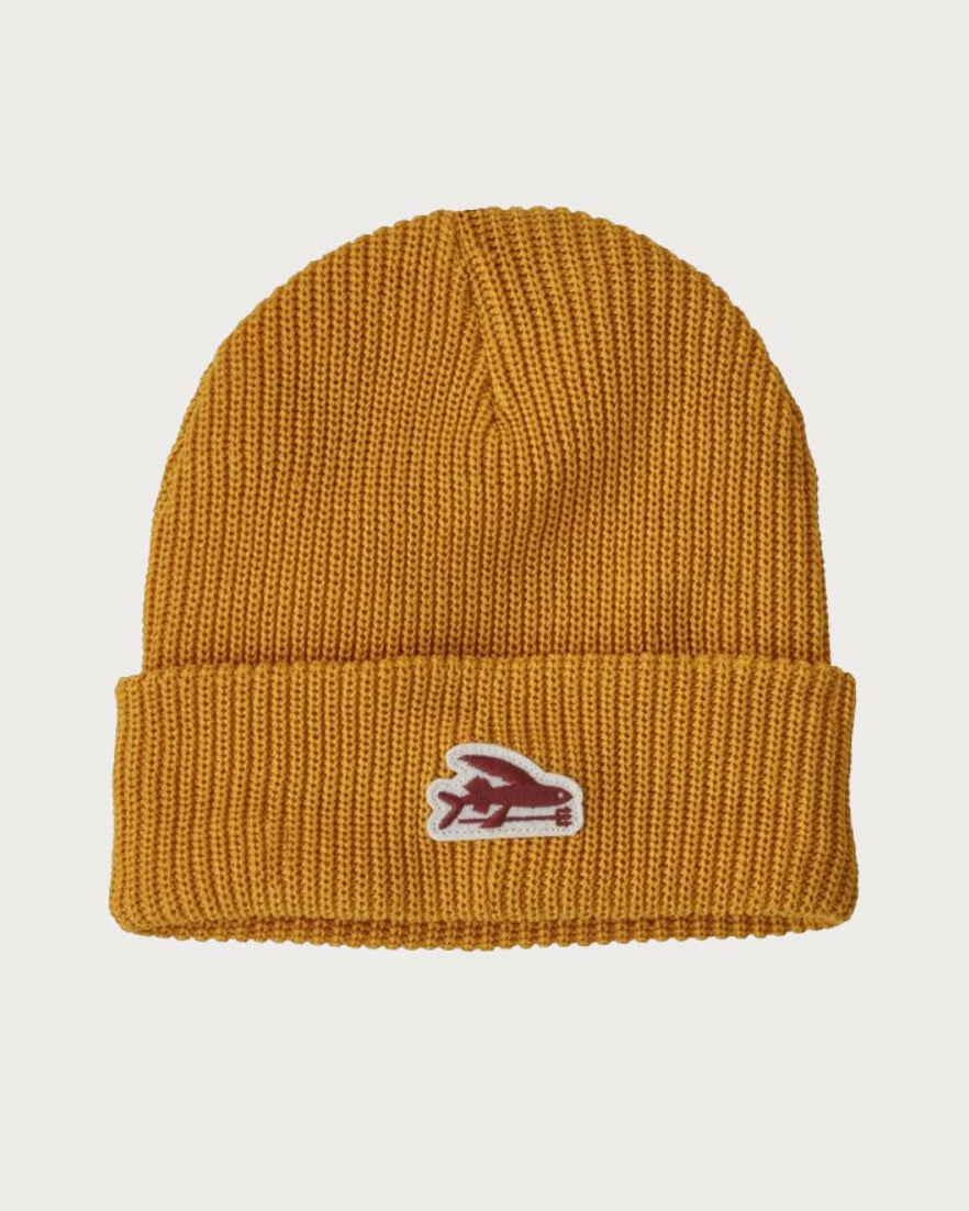 Kids Patagonia Logo Beanie - Cabin Gold with Flying Fish Patch Beanies Patagonia