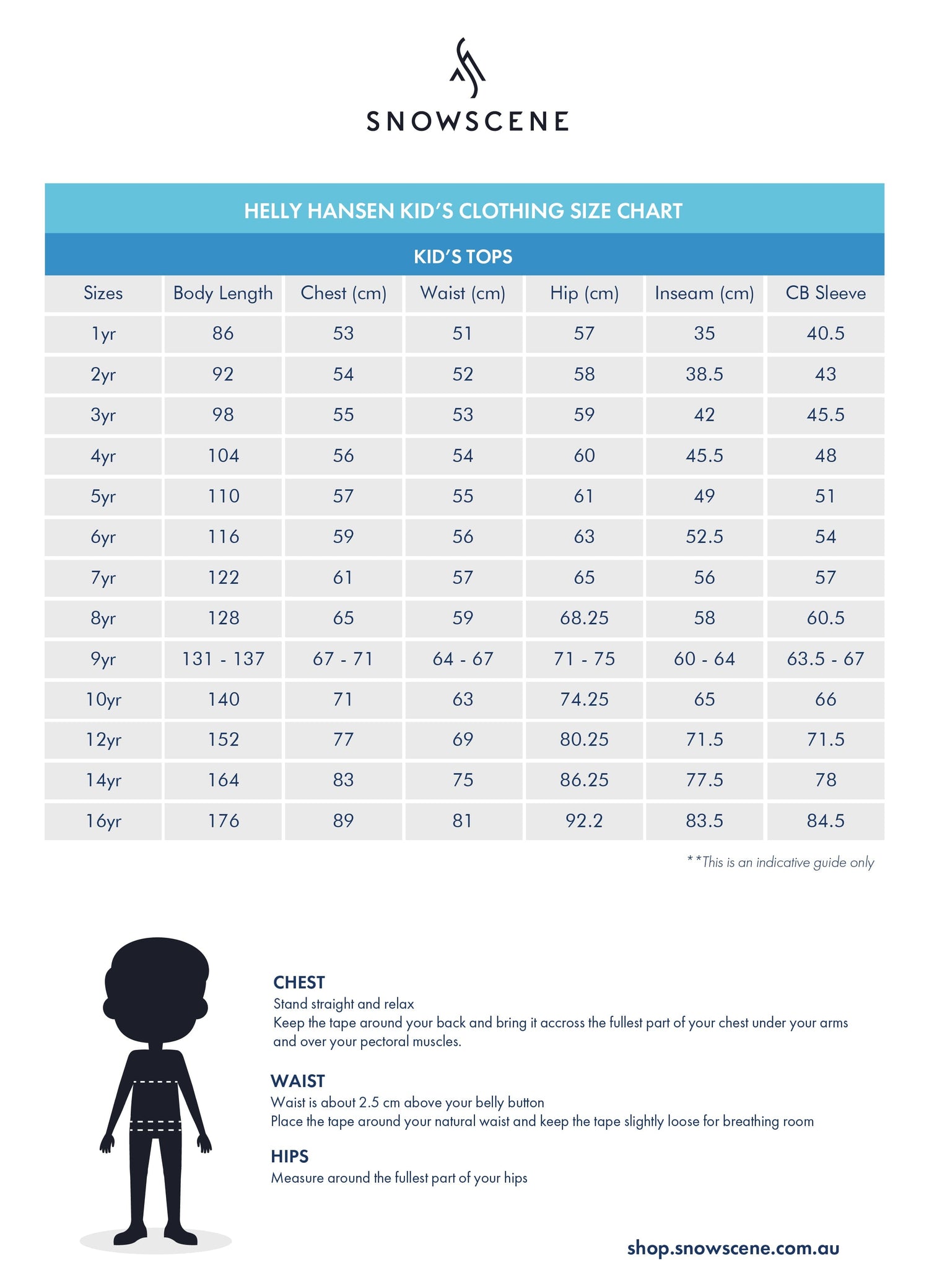 Helly Hansen Kids Tops Size Chart